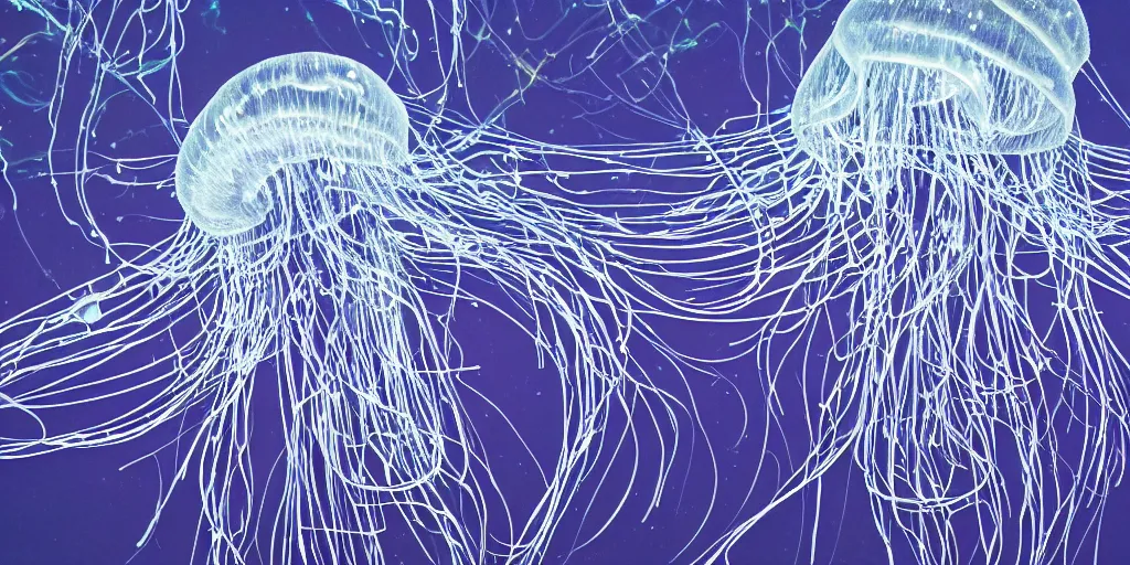 Image similar to a highly detailed underwater jellyfish with fiber optics as tentacles electrically shocking the water creating subtle waves and microscopic explosions