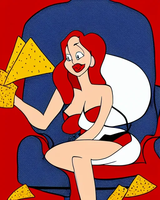 Prompt: Jessica Rabbit eating a bag of Doritos, sitting on a chair