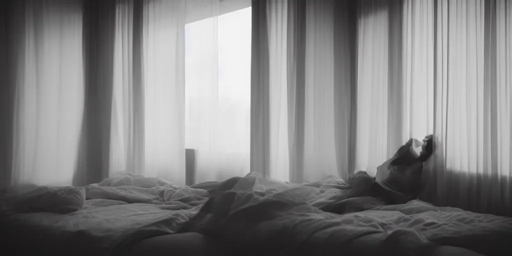 Image similar to woman sitting on bed, looking out the window, minimalistic room, soft light coming from outside, cold atmosphere, shot by fincher