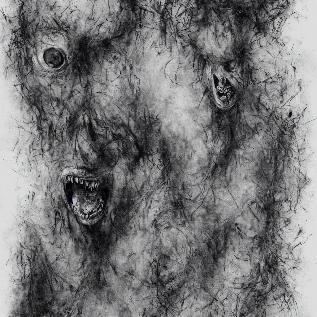 Prompt: Sully from Monsters Inc in Stephen Gammell style, evil, monochrome