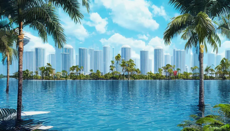 Image similar to concept city art of an artificial lake surrounded by palm trees and small blues domes in miami, sunny day, hyperdetailed, artstation, cgsociety, 8 k