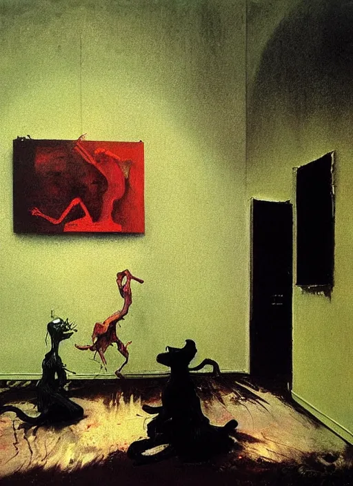 Image similar to two dark figures laughing and a black dog inside a decayed contemporary living room with large oxygen tank in the style of Francis Bacon and Zdzislaw Beksinski, Edward Hopper and Norman Rockwell, highly detailed, very coherent, triadic color scheme