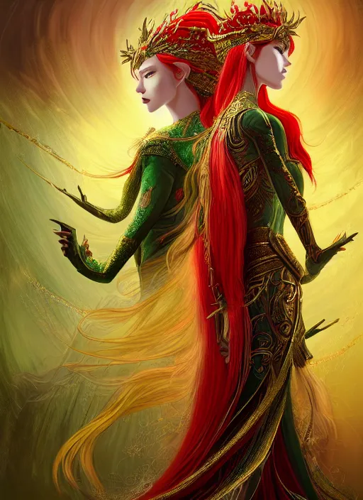 Image similar to a painting of a beautiful elven queen with long red hair, wearing green, red and gold ornate dress, golden intricate crown. detailed full body portrait, intricate complexity, concept art, in style of masamune shiro and ghost in the shell. cinematic dramatic atmosphere, sharp focus, rule of thirds, 4 k,