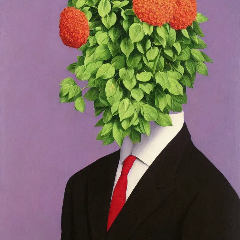 Image similar to portrait of man in a suit with flowers hiding his face by rene magritte, detailed painting, hd, hq, high resolution, high detail, 4 k, 8 k