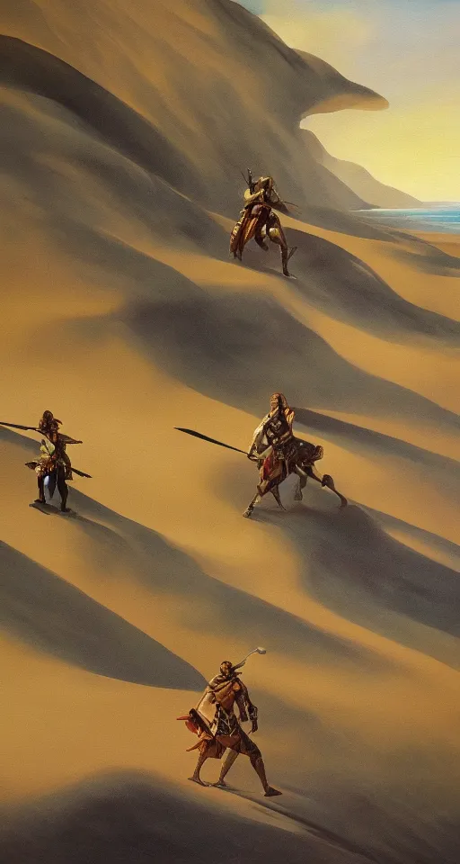 Image similar to oil painting of four sword wielding adventures traveling through a dune, 4 k, detailed, landscape