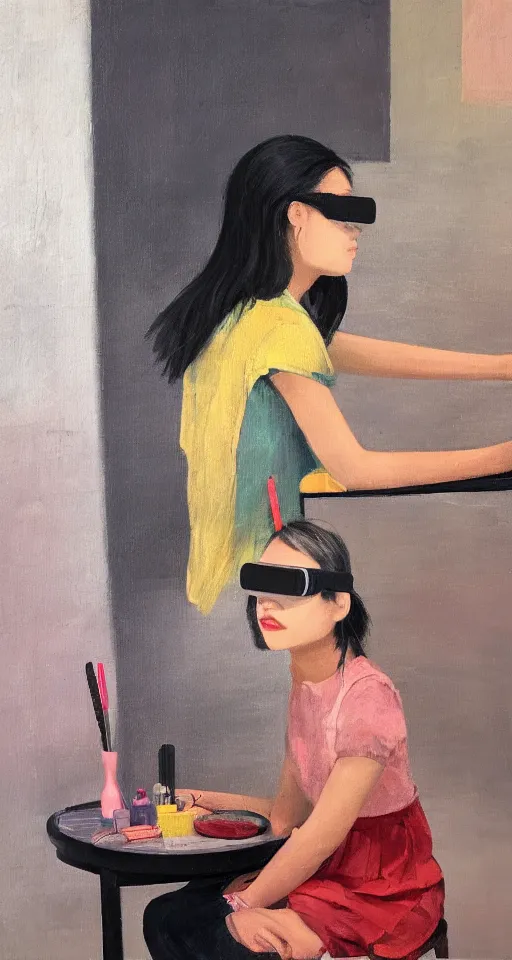 Image similar to a gen z teenage asian girl sitting at a small table, hand combing the hair, wearing vr googles, aged desaturated oil painting by mai trung thu