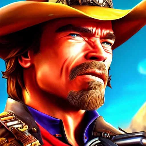 Image similar to a screenshot of arnold schwarzenegger as mccree in overwatch, portrait, fantasy, beautiful face, vivid colors, elegant, concept art, sharp focus, digital art, hyper - realistic, 4 k, unreal engine, highly detailed, hd, dramatic lighting by brom, trending on artstation