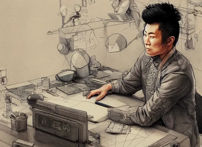 Image similar to an insanely detailed painting of an asian man wearing a homemade superhero costume, sitting at a desk, staring seriously at the computer and typing, in the style of peter mohrbacher, james jean, artgerm, dramatic lighting and composition, surreal background, octane render, pixar, trending on artstation, concept art, comic book, view from behind, 8 k