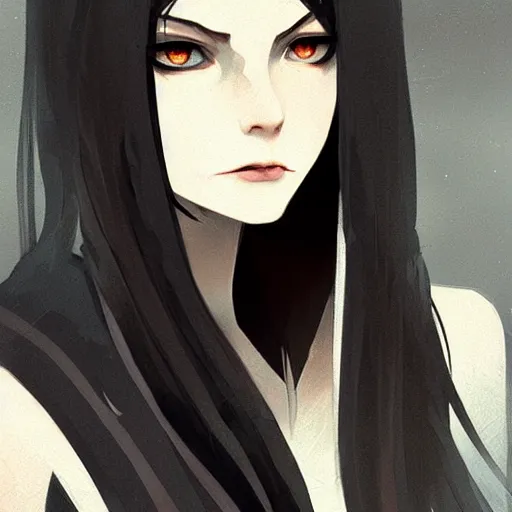 Image similar to female human vampire witch in the style of greg rutkowski, makoto shinkai, trending on artstation, character design, concept art, pretty face, highly detailed, long black hair, portrait, digital art