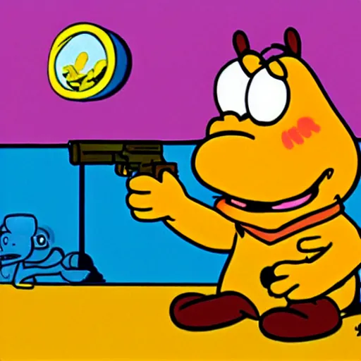 Image similar to garfield points a gun at odie, illustrated by jim davis