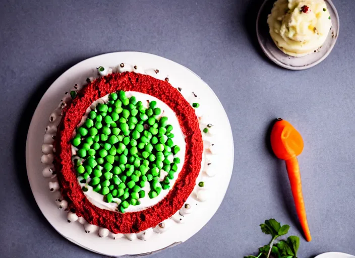 Image similar to dslr food photograph of a birthday cake iced with mashed potatoes and topped with ground beef carrots and peas, 8 5 mm f 1. 8