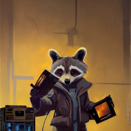 Prompt: greg manchess painting of a trash panda character, holding a box of cables and standing next to old electronic equiptment, medium shot, asymmetrical, profile picture, organic painting, night time, dark, neon lights, matte painting, bold shapes, hard edges, street art, trending on artstation, by huang guangjian and gil elvgren and sachin teng