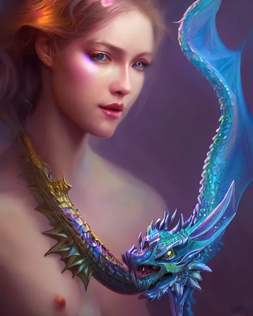 Image similar to cute female woman dragon chimera of iridescent liquid, alchemy, shiny plastic, intricate, bloom, detailed, volumetric lighting, sharp focus, photorealism, digital painting, highly detailed, concept art, by by artgerm and wlop