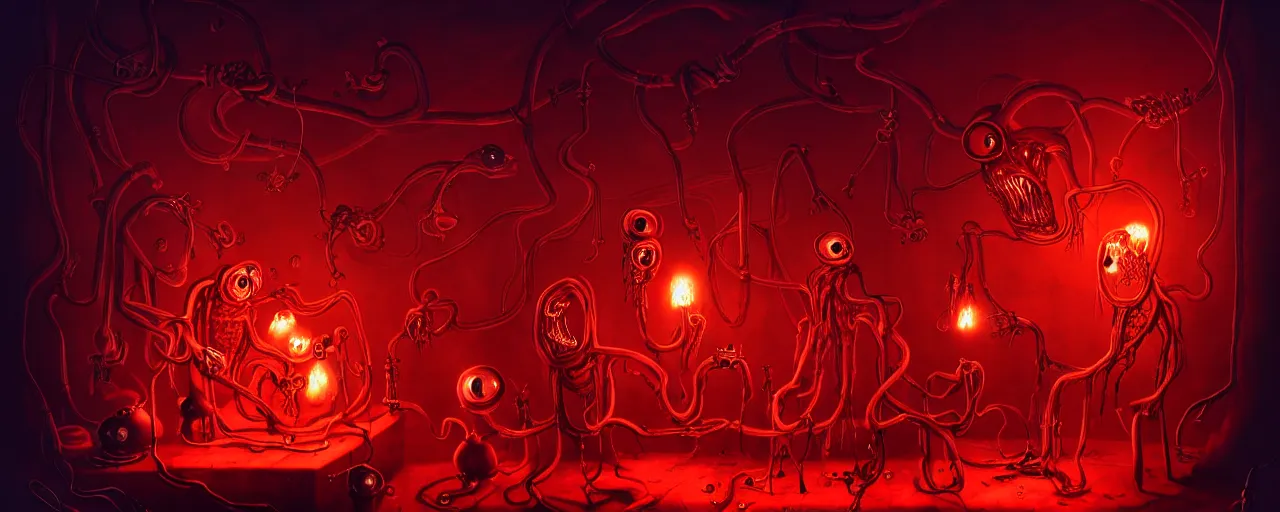 Image similar to uncanny alchemist chthonic creatures inside a visceral arterial alchemical lab within the left ventricle of a human heart, dramatic lighting fiery red lighting, surreal fleischer cartoon characters, surreal painting by ronny khalil