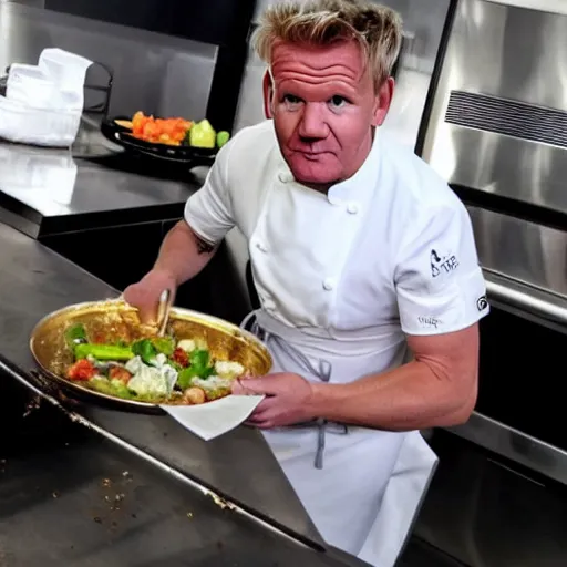 Prompt: gordon ramsay eating the food from the trash