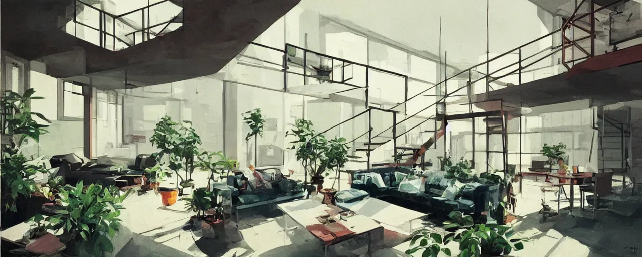Prompt: interior of a loft, living room with split levels, mezzanine, plants and patio, 1970 furniture, bauhaus, concept art by theo prins