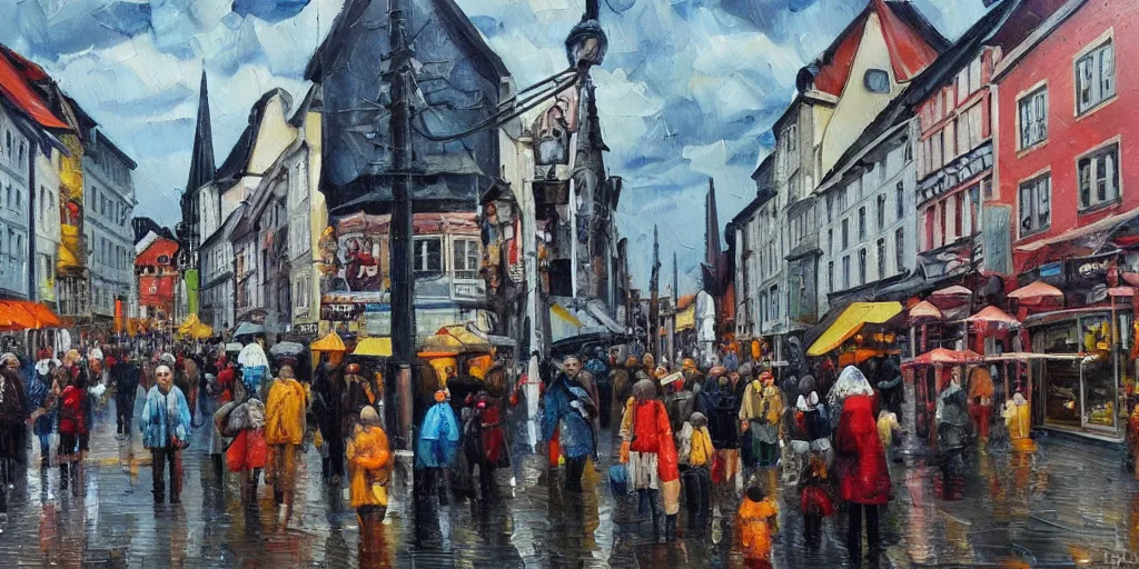 Image similar to Highly detailed oil painting of street life in stavanger by noon, strong atmosphere, oil painting masterpiece by Josep Tapiró Baró, symmetry, fractals