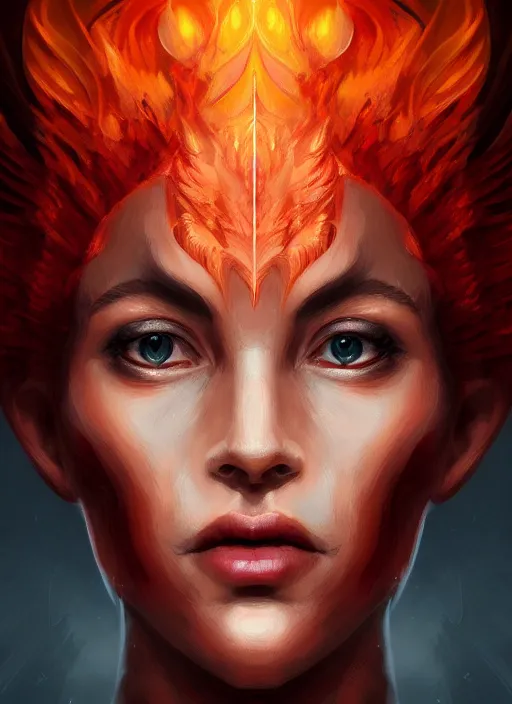 Image similar to face portrait of the empress of flames, perfect face details, symmetry, digital painting, trending on artstation and deviantart, epic composition, dynamic, highly detailed, ross draws, wlop, 8 k