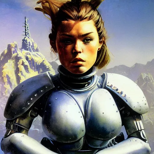 Image similar to A mixed media portrait painting of a very beautiful dwarf warrior girl, sweat, aesthetic symmetrical face and eyes, photorealistic, model, wet, starship-troopers, pacific-rim-mech in background, eighties pinup style, by Frank Frazetta, Boris Vallejo, Beeple, Greg Rutkowski, Christian MacNevin, epic fantasy character art, high fantasy, CGsociety, exquisite detail, post-processing, masterpiece, cinematic