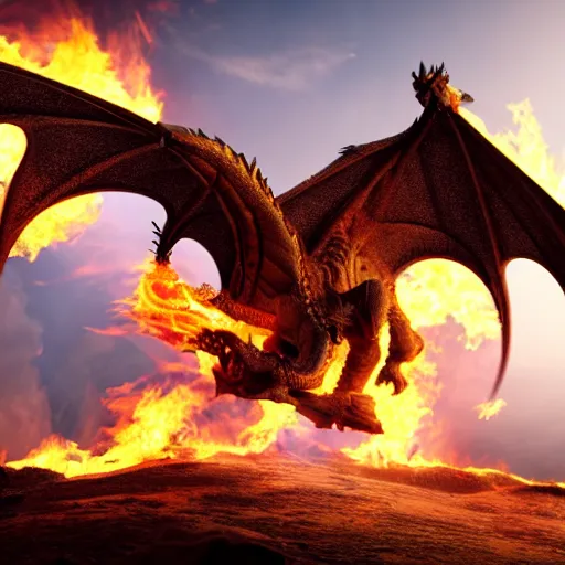 Image similar to breathtaking and majestic powerful dragon with spread wings surrounded by fire, 3d render, concept art, 8k, ultra detail