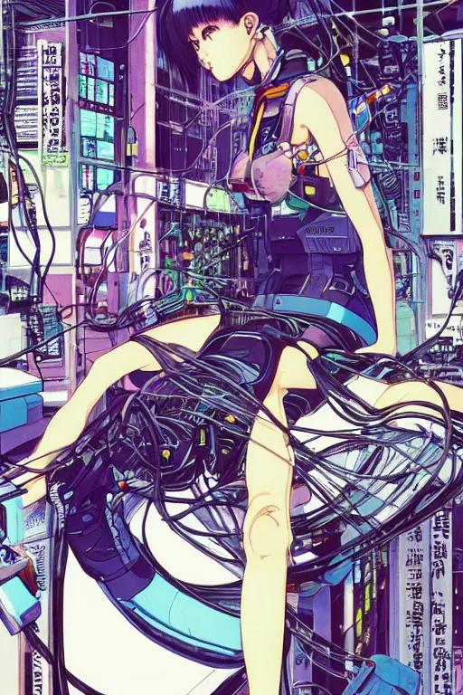 Image similar to awe inspiring cyberpunk anime style illustration of an android girl seated on the floor in a tech labor, seen from behind with her back open showing a complex mess of cables and wires, by masamune shirow and katsuhiro otomo, studio ghibli color scheme, japan, 1980s, dark, complex