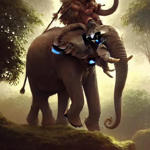 Image similar to a viking riding an elephant in a jungle, digital art, art by greg rutkowski, artstation, deviantart, highly detailed, photorealistic, fantasy art, clean, western comic art, award winning commission