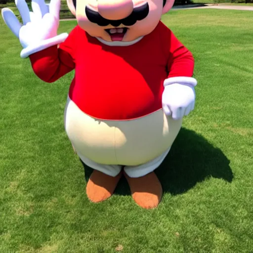 Image similar to real life big chungus dressed like mario, super mario with bunny ears, big chungus, fat bugs bunny, high resolution photo