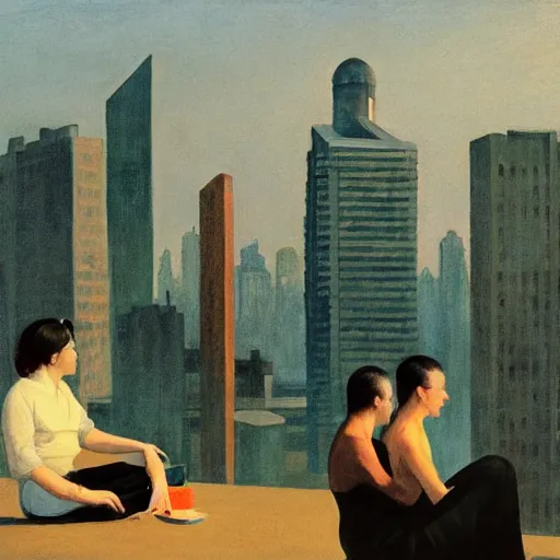 Image similar to a small rooftop with a couple of people sitting and watching the view, wearing black modern clothes, modern shanghai bund is on the background, sunset, by edward hopper, by gregory crewdson