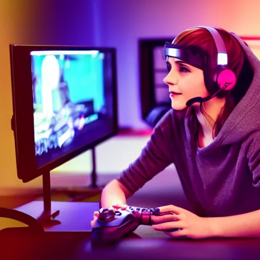 Image similar to model emma watson playing video gaming emma watson playing video gaming gaming on rgb keyboard wearing a gaming headset wearing hoodie sitting on gaming chair at desk dramatic lighting controller award winning photo