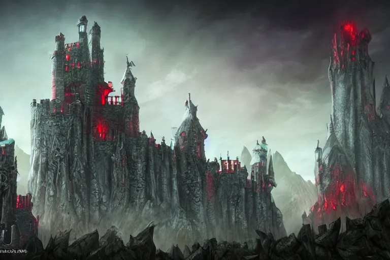 Image similar to big evil castle - city rock dark shadow elves, might and magic heroes vii, dark fantasy, shadows, artstation trending, unreal engine 5, red