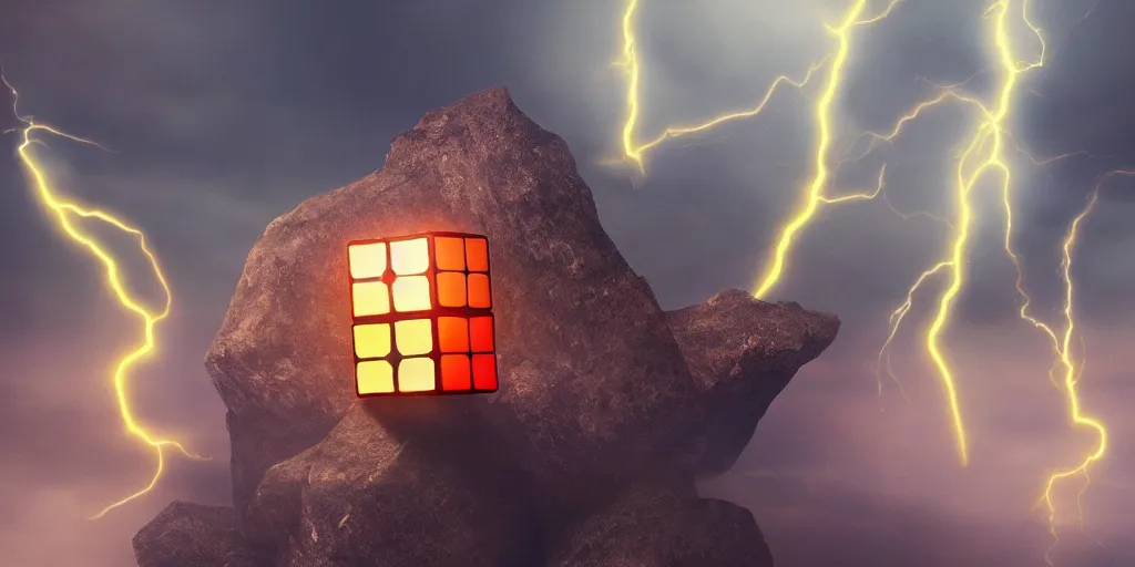 Image similar to Magical glowing Rubik's cube with lightning effects surrounding it, levitating above an ancient mysterious platform outside on an overcast day, concept art, high detail, dramatic lighting, artstation, cinematic