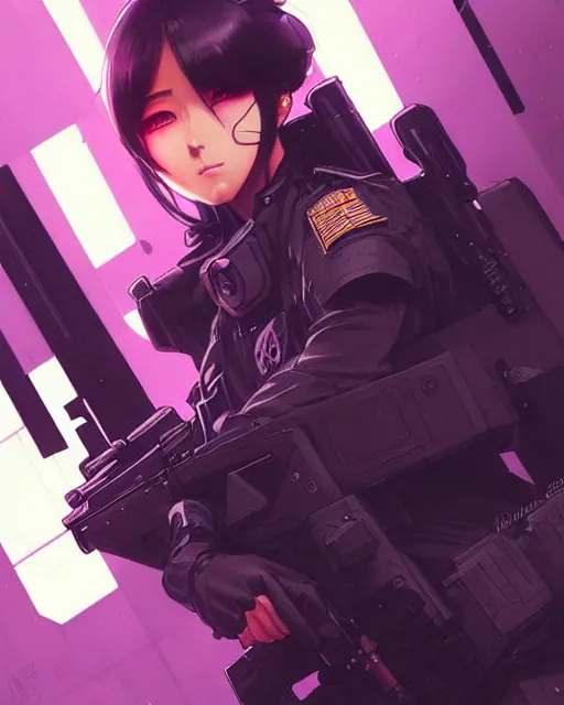 Image similar to anime key visual of a female officer, swat vest, neon, cyberpunk, futuristic, stunning, highly detailed, digital painting, smooth, soft focus, illustration, movie poster, japanese typography, digital art from artstation by artgerm and greg rutkowski and alphonse mucha