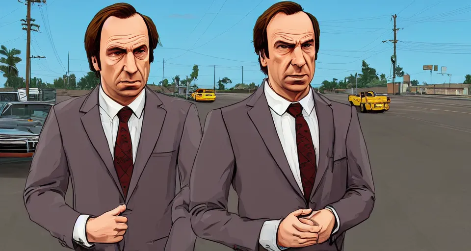 Image similar to saul goodman in the style of gta v cover art