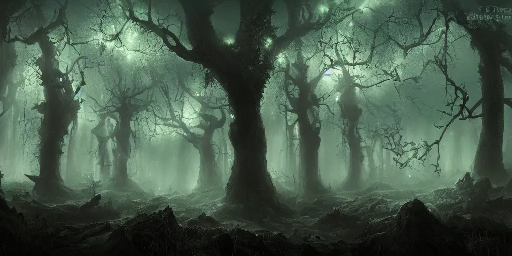 Image similar to beautiful matte painting of a fantasy dark forest at night