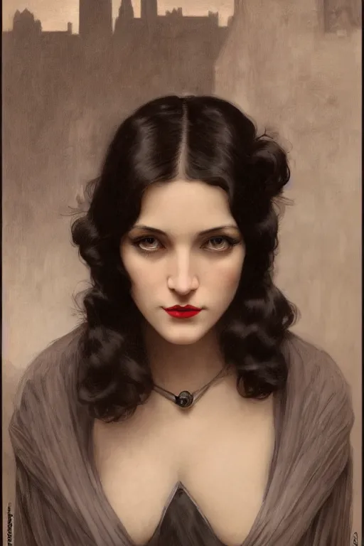 Prompt: high angle photo of a dark haired woman from 2 0 s decade of xx century with robotic eyes, gloomy atmosphere, film noir realistic, sharp focus, 8 k high definition, insanely detailed, artstation, concept art, smooth, sharp focus, illustration, art by artgerm and greg rutkowski and alphonse mucha and william - adolphe bouguereau