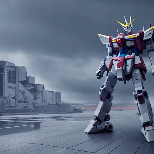 Image similar to 3d realistic of robot gundam, with stormy overcast background, octane render, cinematic, trending on artstation, elegant, intricate, style by Simon Stålenhag, 8k