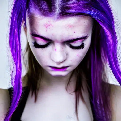 Prompt: detailed photo portrait of a furious teen girl with thin, hair-like purple tentacles on her head and bright purple eyes, 8k, trending on Pixiev, face enhance,hyper detailed ,full of colour,