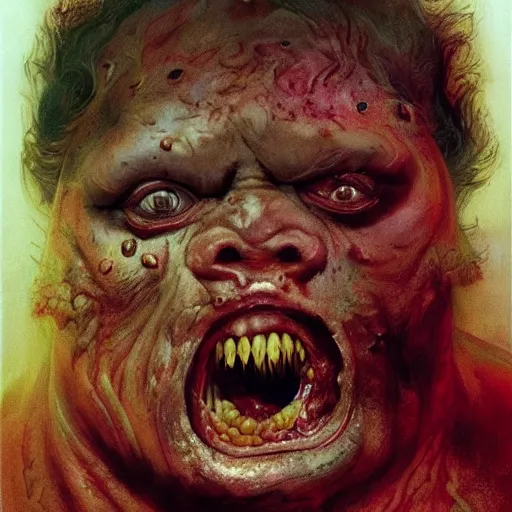 Prompt: big eyes wide open, horrific sentient meatloaf, holding meatloaf, sloppy, gross, meatloaf, hyper realistic, terrifying, disturbing, strange, bizarre, masterpiece, 4 k, vivid colors, elegant, highly detailed, john park, frazetta, john howe, ruan jia, jeffrey catherine jones