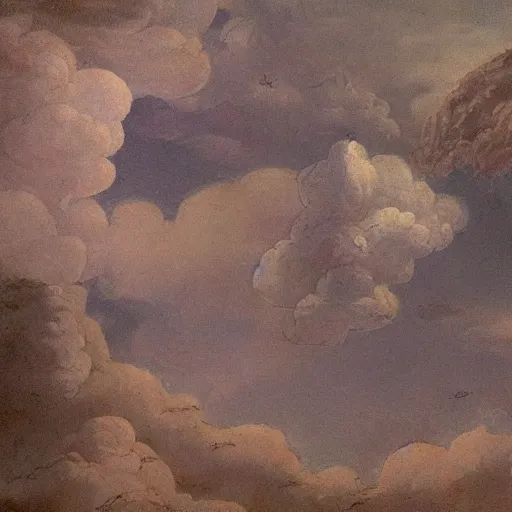 Prompt: resurrection of an ancient god in the sky with clouds, cave painting