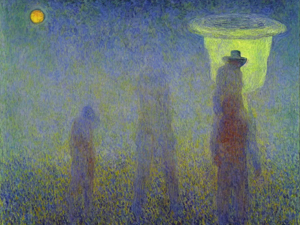 Image similar to man in white beekeeper suit at night with fireflies, giant tornado and devil. painting by mikalojus konstantinas ciurlionis, monet, bosch, wayne barlowe, agnes pelton, rene magritte