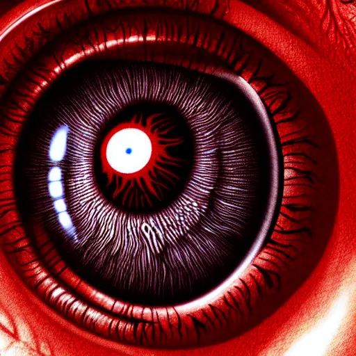 Image similar to a detailed extremely close up of inside the iris, cornea, red image, microscopic, extremely close up drawing by junji ito, cgsociety, generative art, lovecraftian, parallax, cosmic horror, extremely detailed, hyperrealism, unreal engine, octane render, award winning, masterpiece, highly detailed, realistic, 4 k, digital