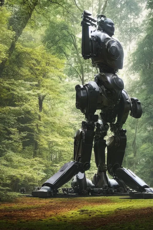 Image similar to A large mechanical robot statue in the middle of a forest by Greg Rutkowski, Sung Choi, Mitchell Mohrhauser, Maciej Kuciara, Johnson Ting, Maxim Verehin, Peter Konig, final fantasy , 8k photorealistic, cinematic lighting, HD, high details, atmospheric,