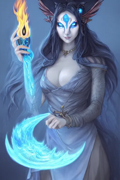 Image similar to gorgeous!!! hyper - realstic sorceress with a kitsune mask, holding a tattered magical book, casting a flame spell, blue flames | drawn by wlop, drawn by jeehyung lee, drawn by artgerm | fantasy, dark, intricate, highly detailed, digital painting, character design, concept art, illustration, artstation