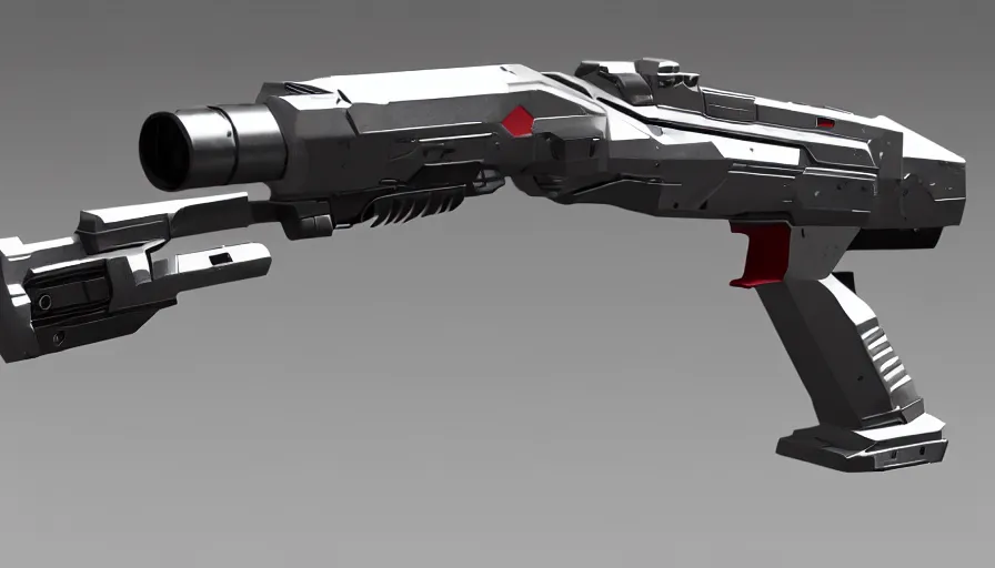Prompt: extremely detailed realistic side view of a sci fi bullpup laser magnum, detailed trigger, chemically propelled, massive battery, smooth streamline, battery and wires, railgun, coilgun, chemrail, gauss, elegant sleek smooth body, white paint, smooth utopian design, ultra high quality, minimalist, octane, cod, destiny, warframe, terminator