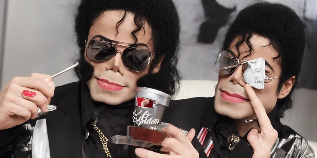 Prompt: michael jackson 2 0 0 9 wearing shades, this is it style, photo real, pores, motion blur, eating kfc on a sofa, by himself, real life, spotted, ultra realistic face, accurate, 4 k, movie still, uhd, sharp, detailed, cinematic, render, modern