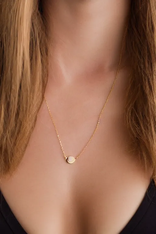 Prompt: 2 4 year old professional female wearing white v - neck top, 1 8 k gold necklace pendant, portrait, neck zoomed in, photo realistic, extreme detail skin, no editing, slr, golden hour, 4 k, high definition, selfie