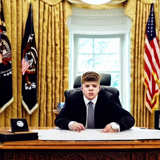 Image similar to professional photograph of yung lean sitting in the oval office desk speaking to a news reporter at night time, 8 k, very detailed, very intricate,