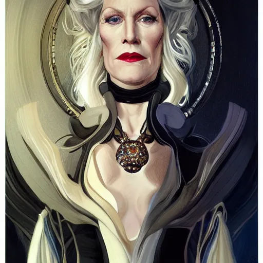 Image similar to portrait of Anna Gunn as Cruella de Vil, elegant, intricate, headshot, highly detailed, digital painting, artstation, concept art, sharp focus, illustration, art by artgerm and greg rutkowski and alphonse mucha