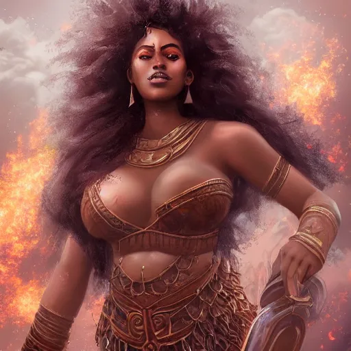 Image similar to a colossal goddess from above, creative, brown skin, giant, digital art, city, town, highly detailed, photo manipulation, up there, dark gray hair, digital painting, on fire, smoke, artstation