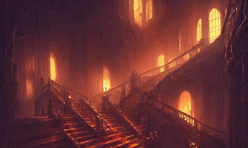 Image similar to stairs from hell to heaven, flames, heavens, beautiful, intricate detail, intricate, epic, vast, digital painting by greg rutkowski, artstation, very detailed, cinematic lighting, concept art